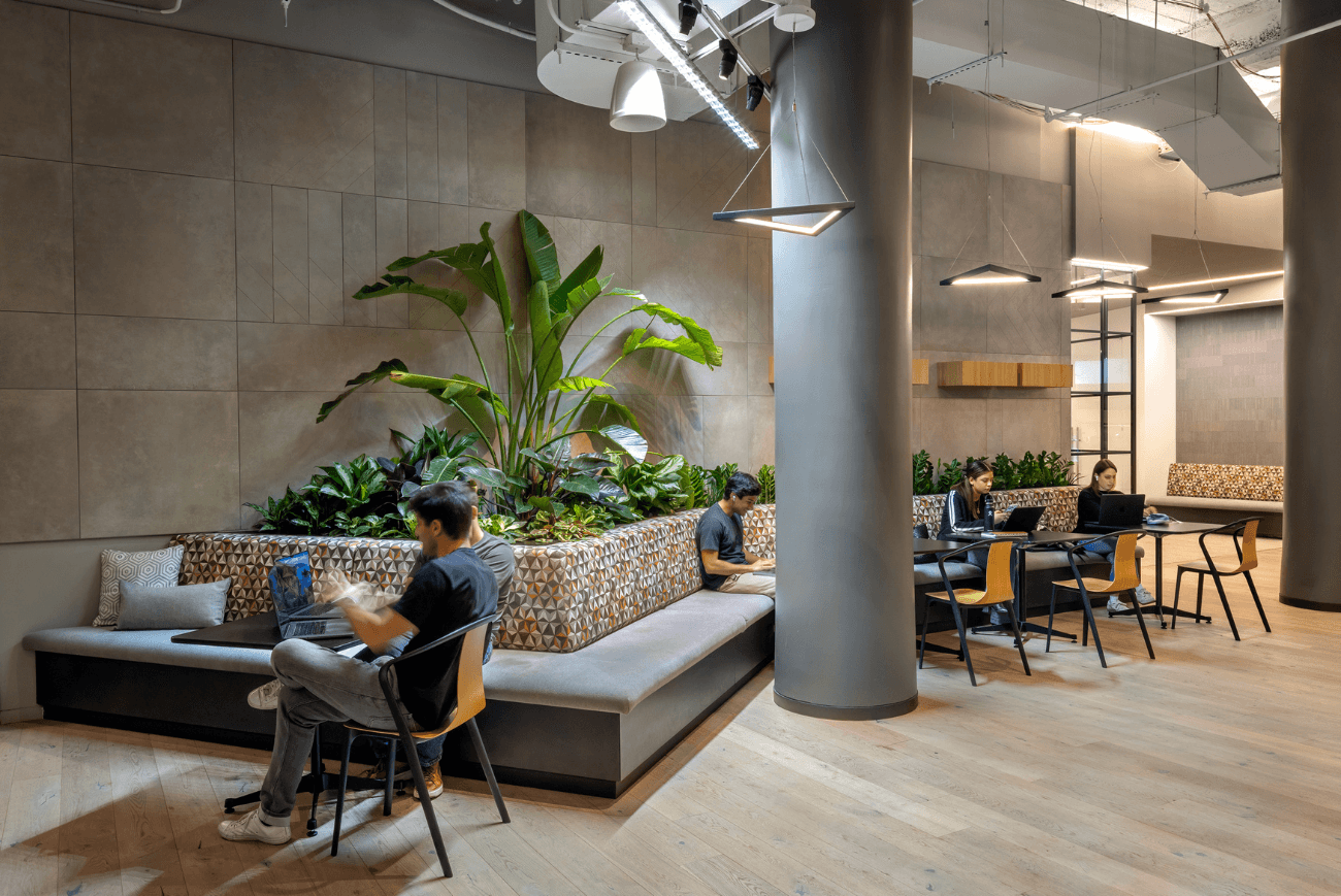Custom green wall dividing work and rest zones in a windowless Manhattan fintech office, by Greenery NYC