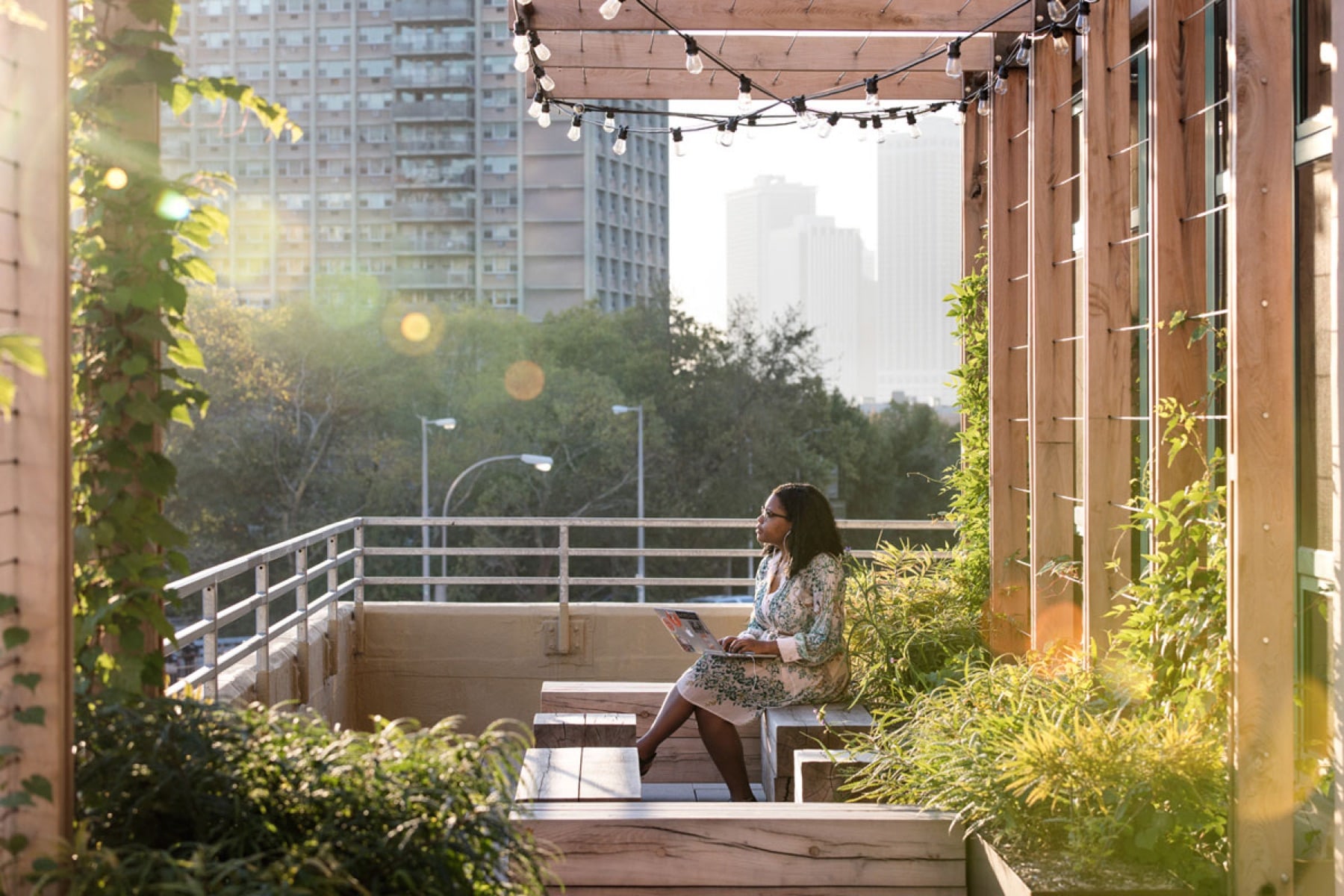 Etsy headquarters rooftop terrace and pergola garden designed by Greenery NYC